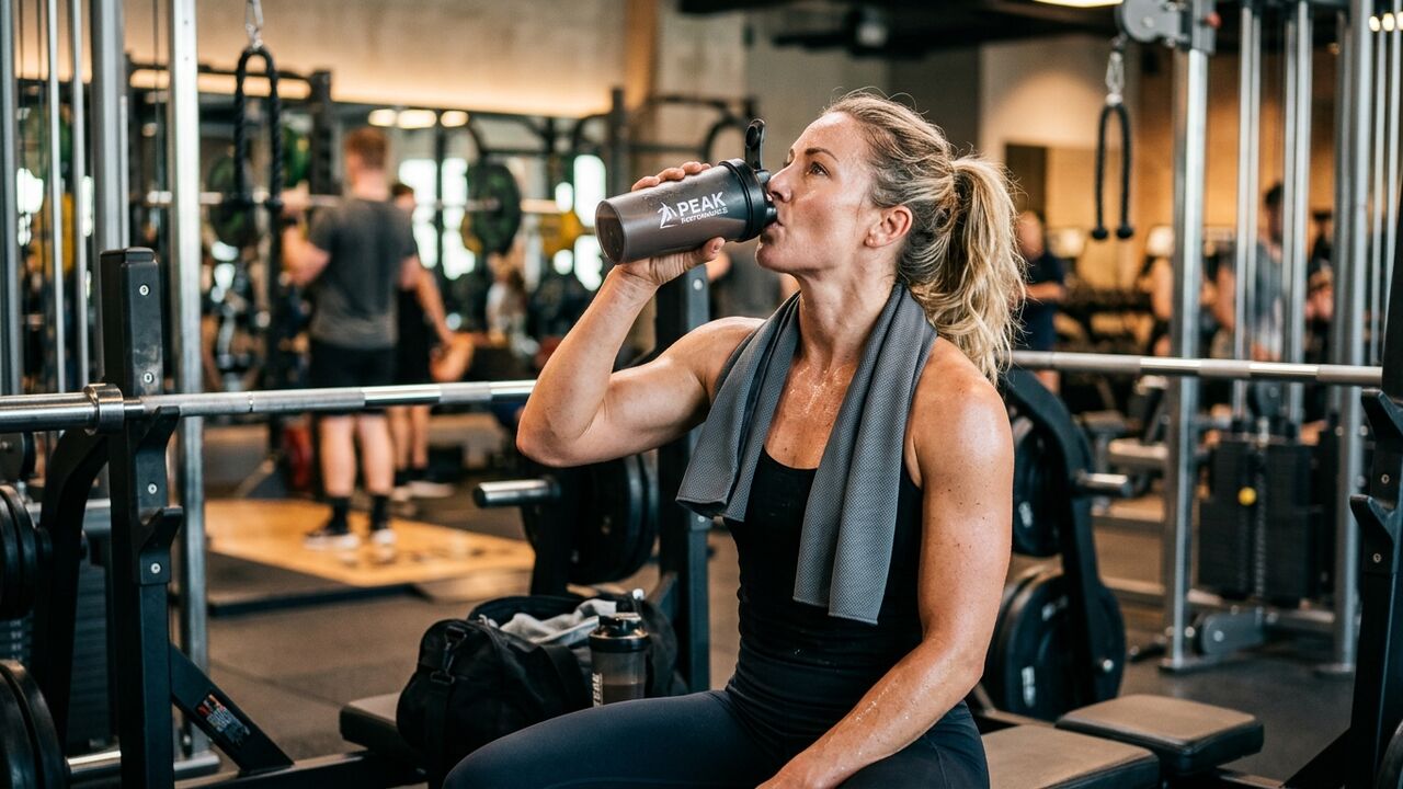 Persona tomando un batido de proteína en el gym después de entrenar