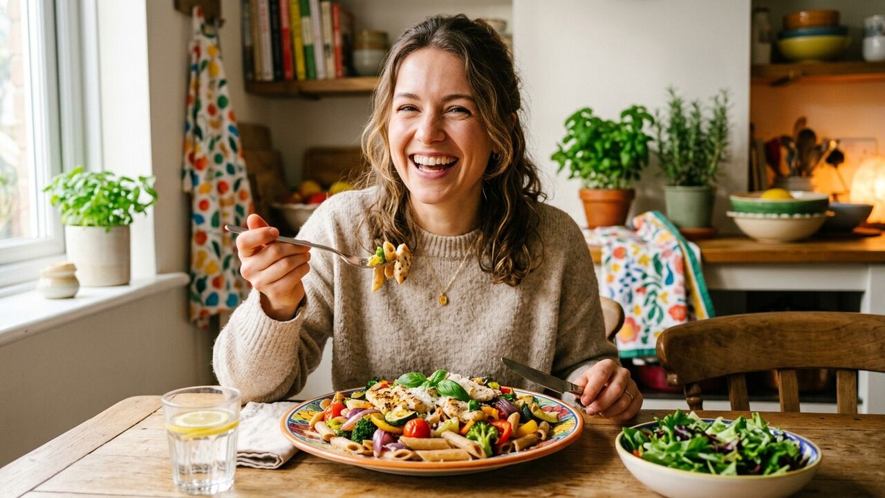 Persona disfrutando una comida abundante y saludable en un día de refeed