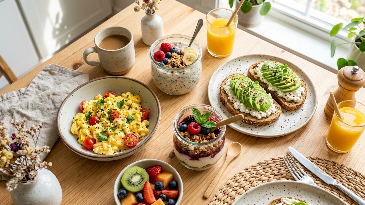 Variedad de desayunos proteicos preparados en una mesa