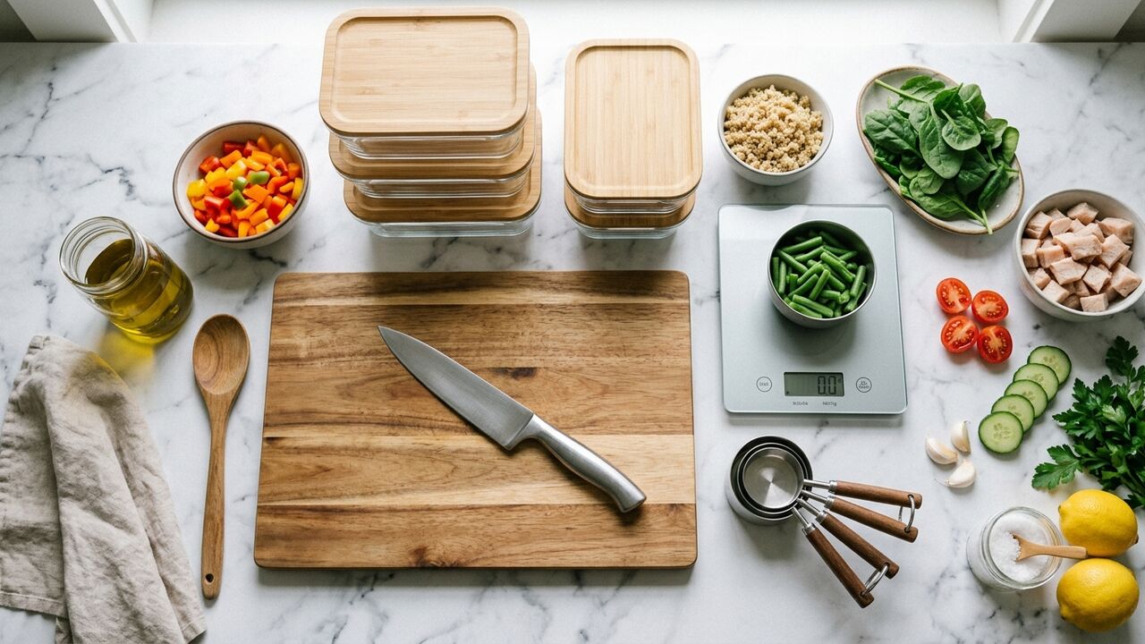 Equipamiento de meal prep organizado sobre una encimera