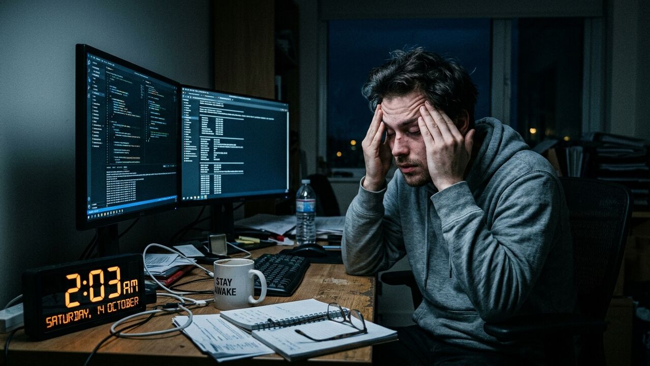 Persona estresada trasnochando frente a una pantalla