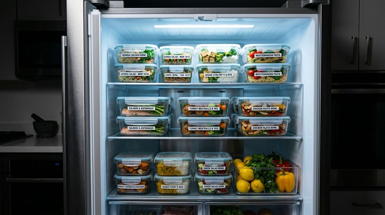 Contenedores de meal prep organizados en el refrigerador