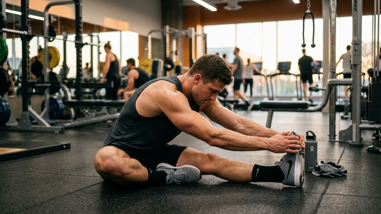 Hombre haciendo estiramiento de isquiotibiales en el gym