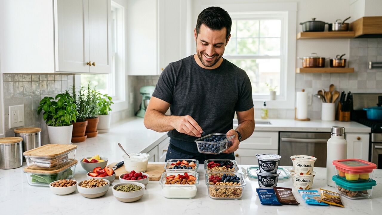 Hombre preparando contenedores de snacks saludables para la semana