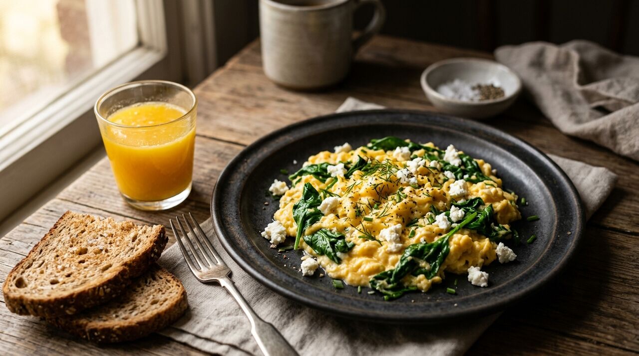 Huevos revueltos con espinaca y queso feta