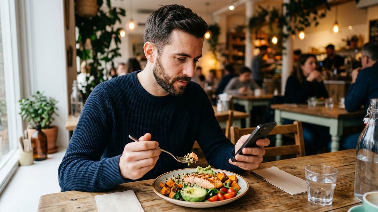 Hombre revisando sus macros en una app de nutrición