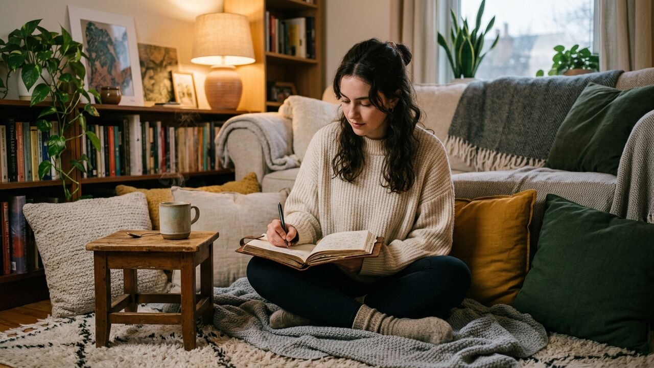 Mujer escribiendo en un diario sobre sus emociones y alimentación