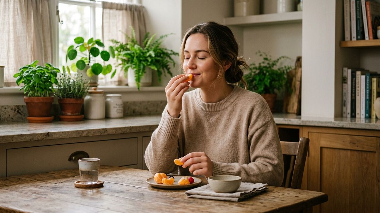 Mujer practicando alimentación consciente con los ojos cerrados