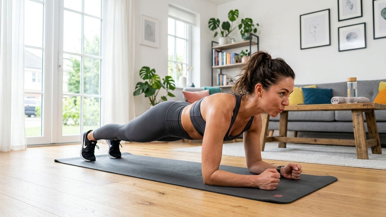 Mujer haciendo plancha en su sala de estar
