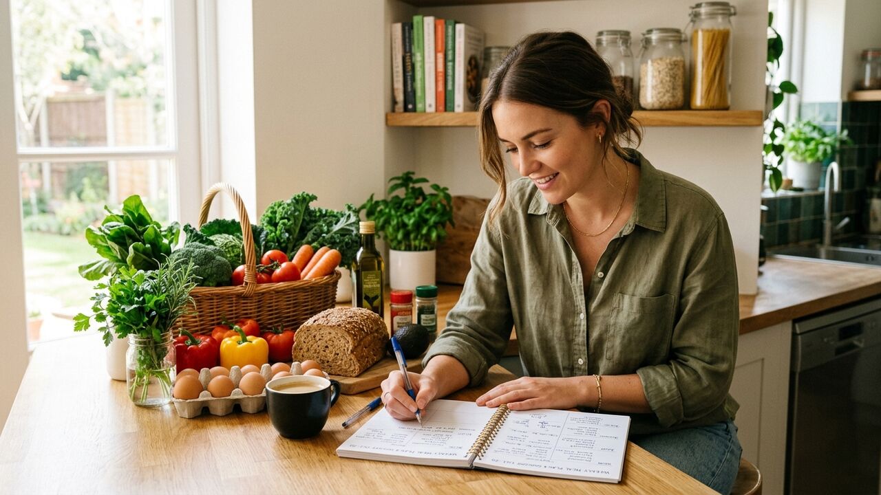 Mujer planificando sus comidas y macros en un cuaderno