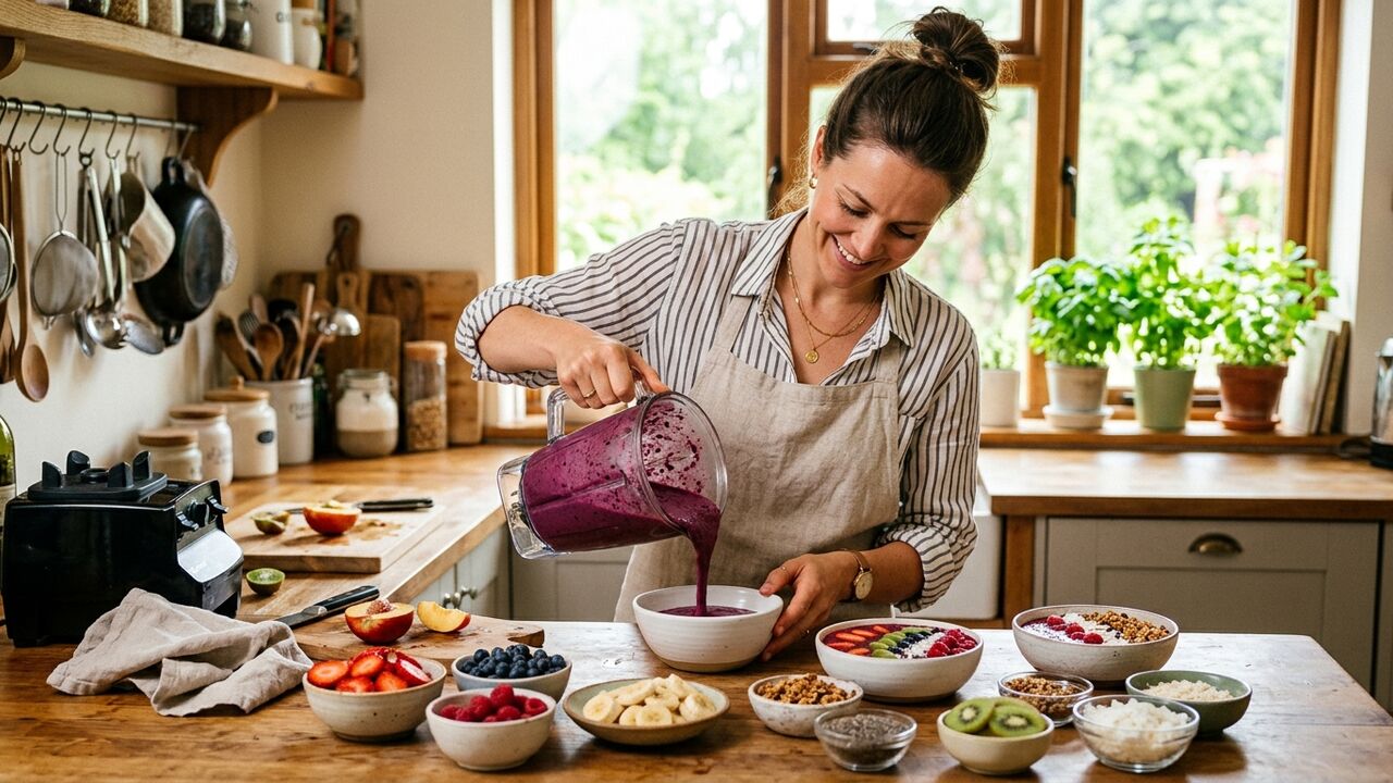 Mujer preparando smoothie bowls en su cocina