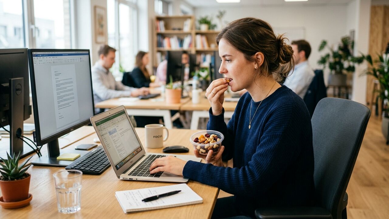 Mujer comiendo frutos secos saludables en su escritorio de oficina