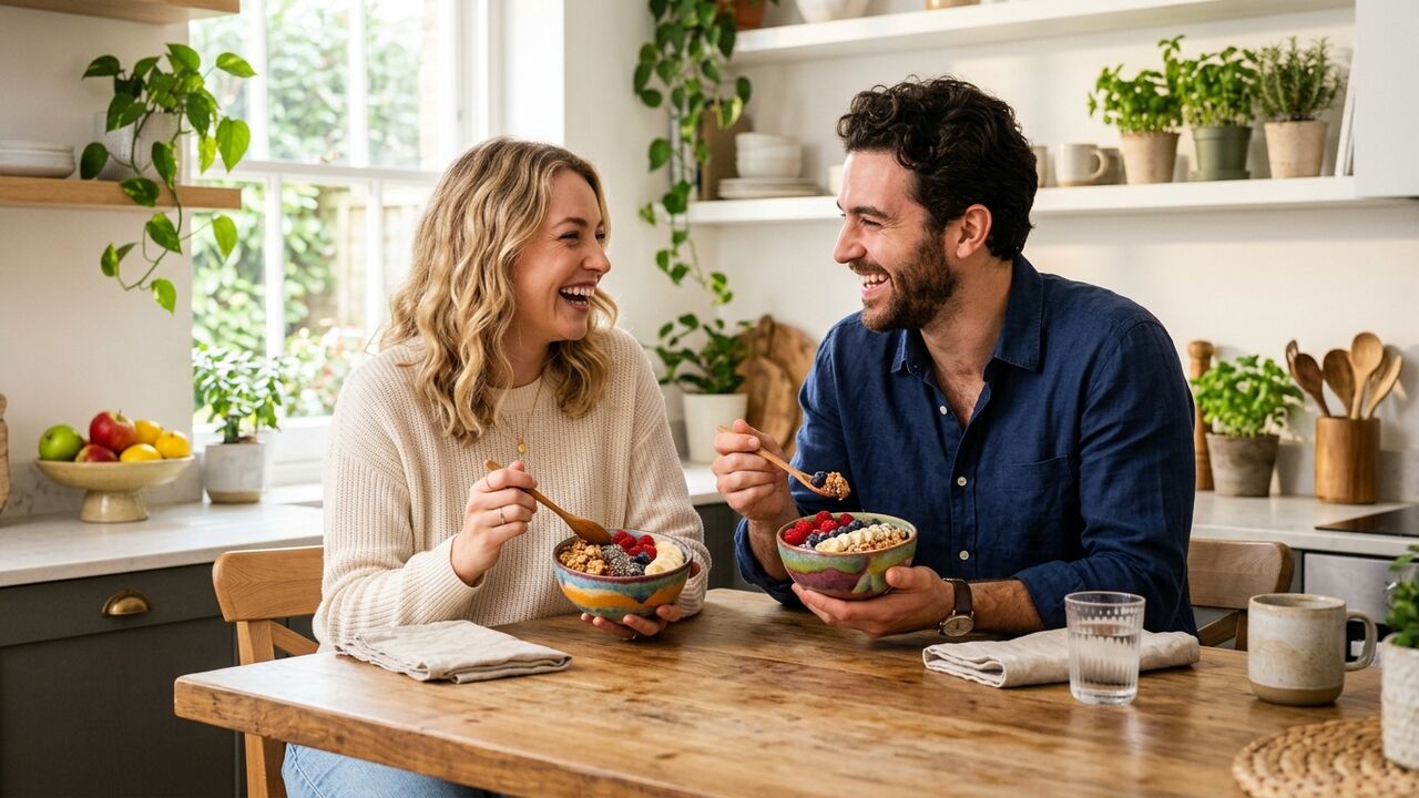 Pareja disfrutando smoothie bowls juntos en la cocina