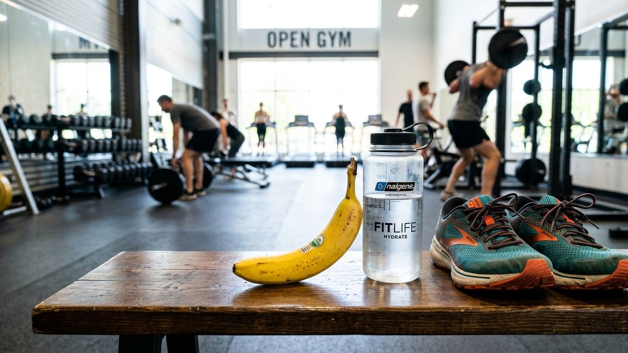 Plátano como snack pre-entrenamiento junto a una botella de agua