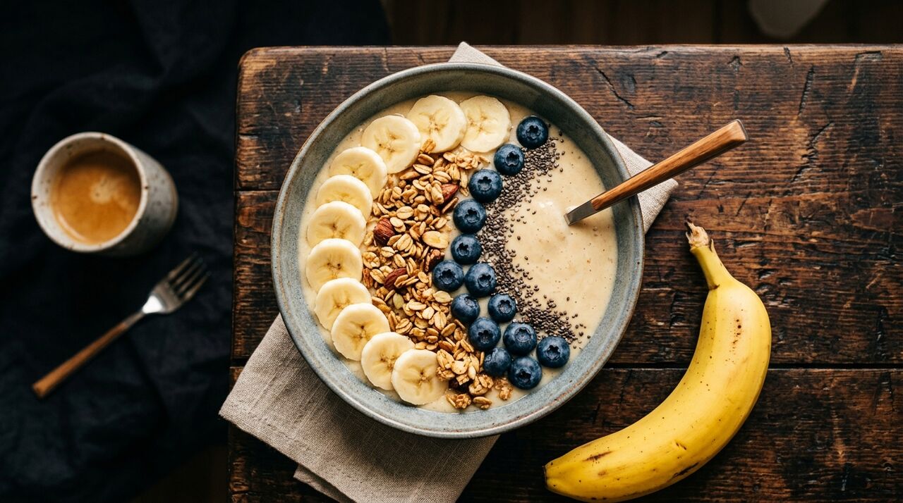 Smoothie bowl de plátano con granola y frutas