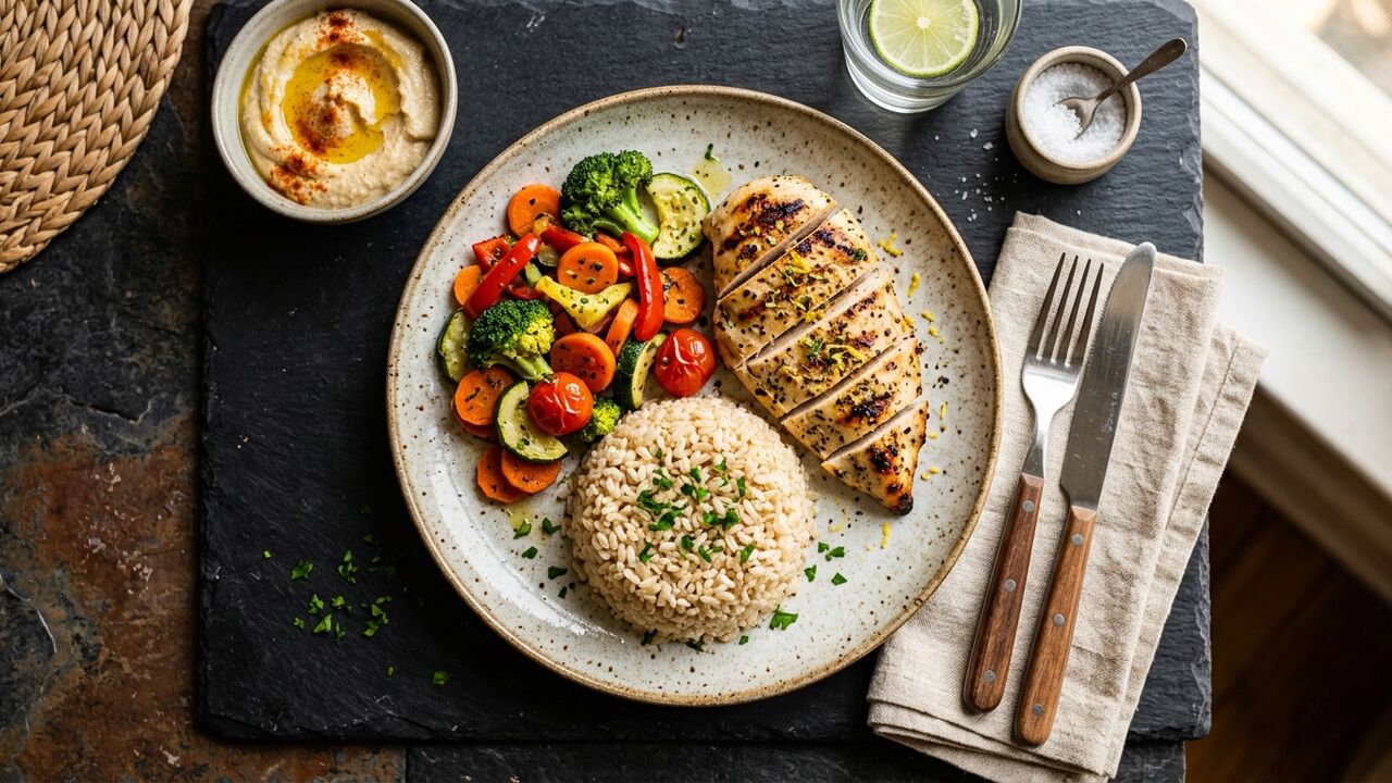 Plato balanceado con porciones medidas de pollo, arroz y verduras