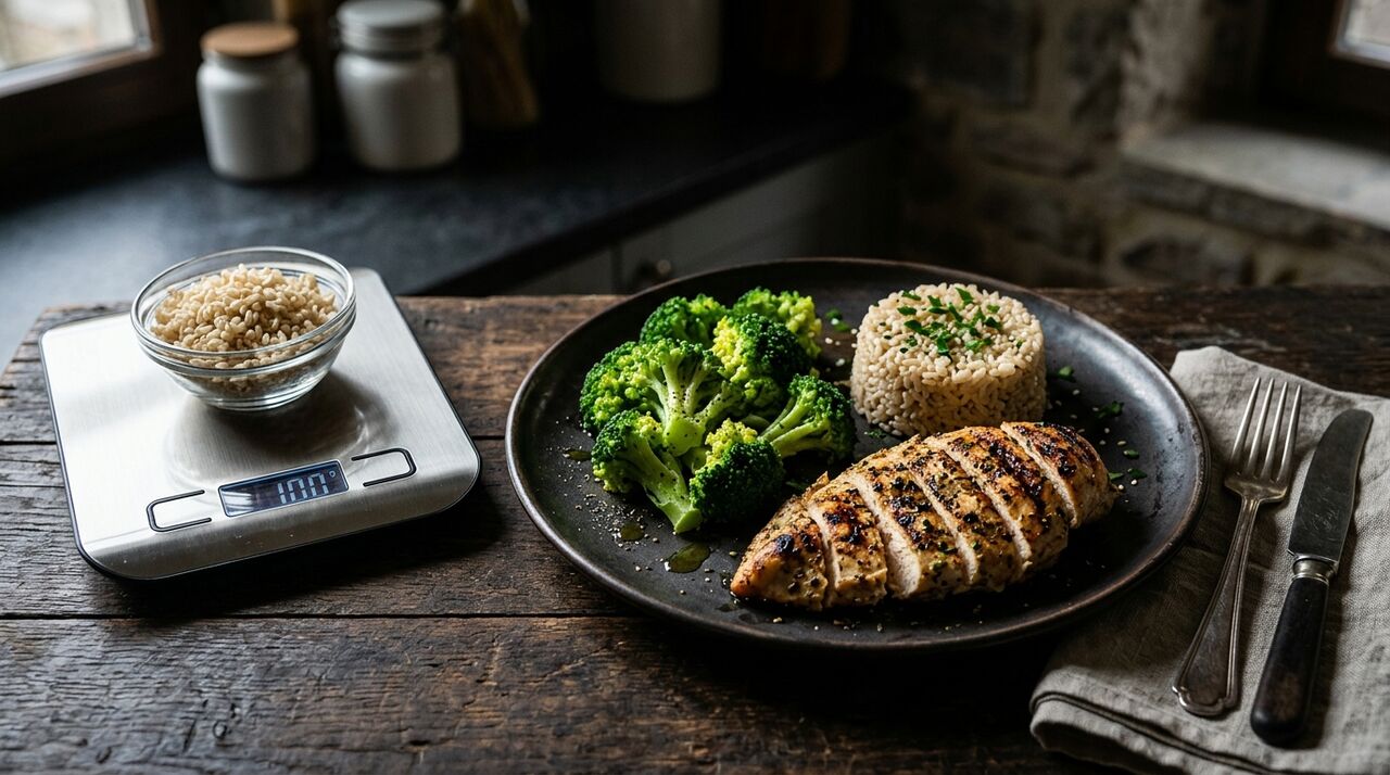 Plato con porciones controladas de pollo, brócoli y arroz