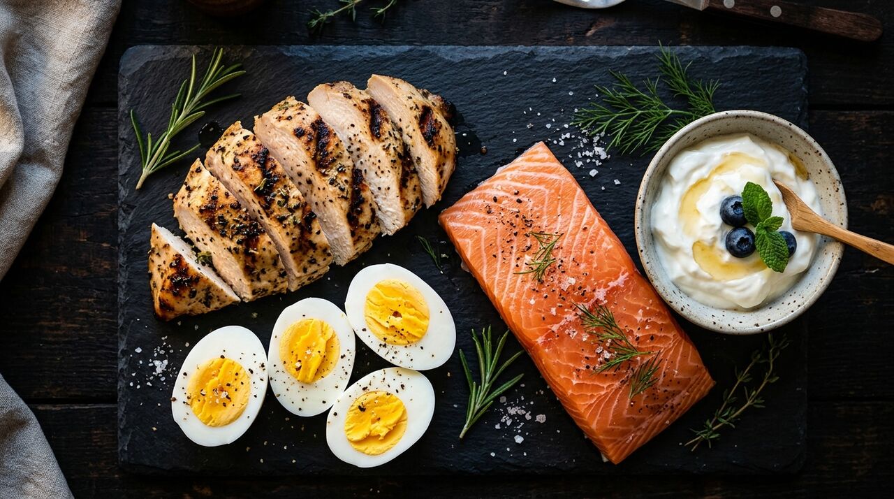 Fuentes de proteína animal: pollo, huevos, salmón y yogur griego