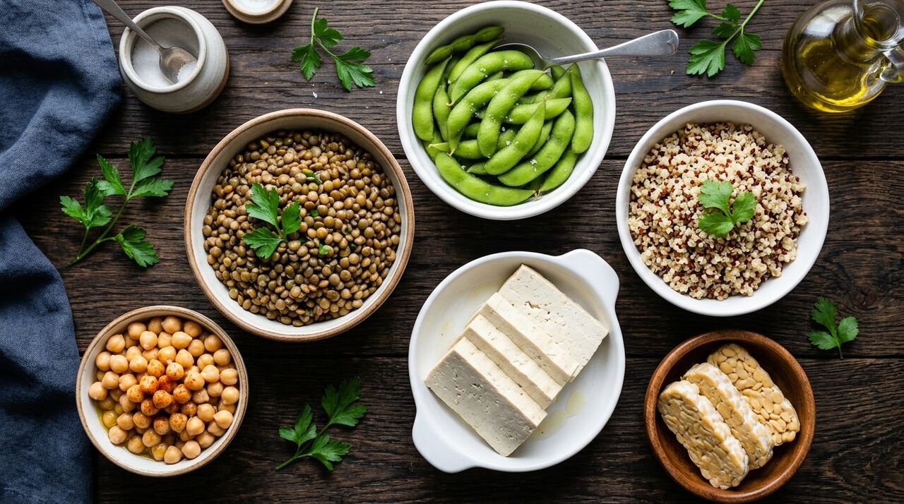 Fuentes de proteína vegetal: lentejas, tofu, edamame, quinoa y garbanzos