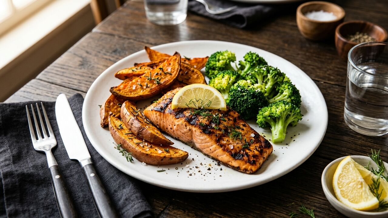Plato de salmón con batata y brócoli para recuperación post-entreno