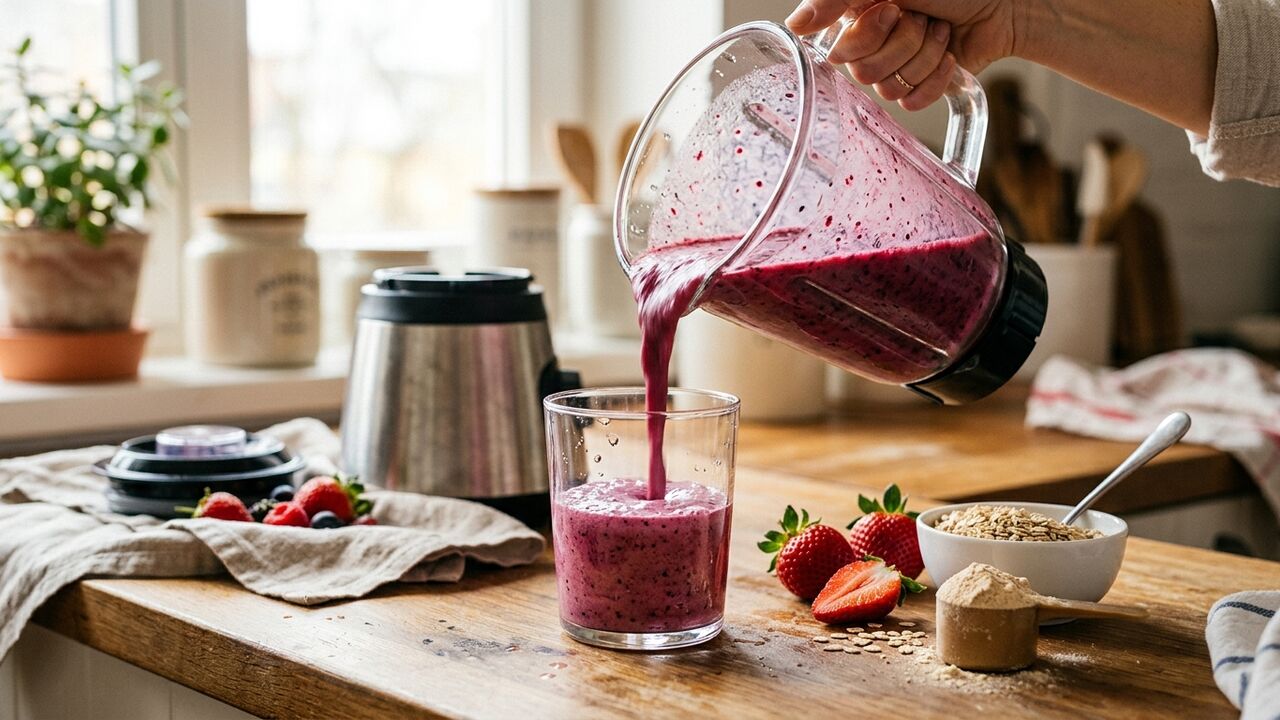 Smoothie de proteína siendo preparado en licuadora con fresas y avena