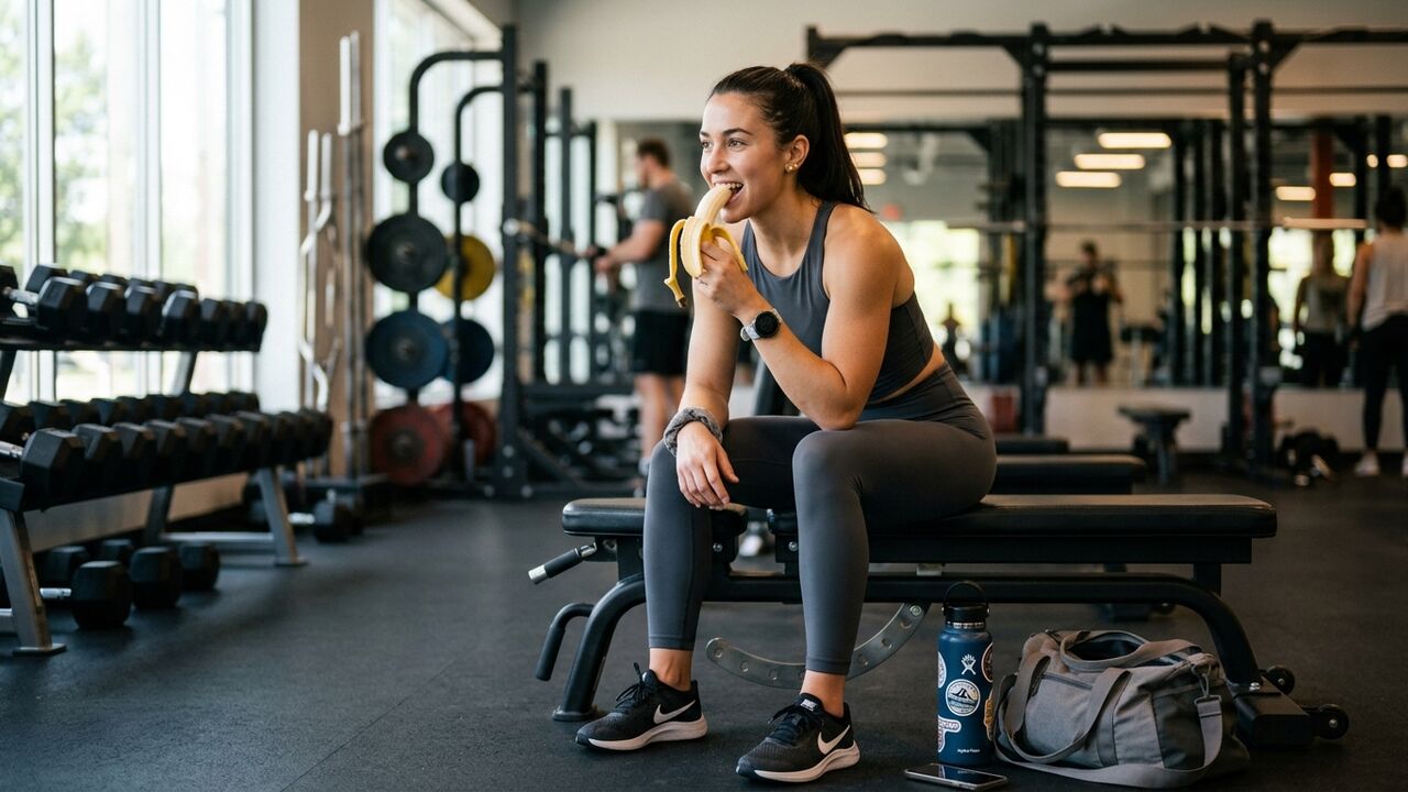 Persona en el gym con un snack saludable antes de entrenar
