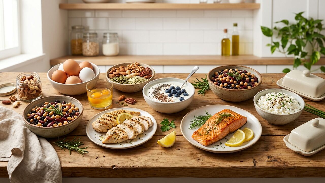 Variedad de alimentos altos en proteína sobre una mesa de cocina