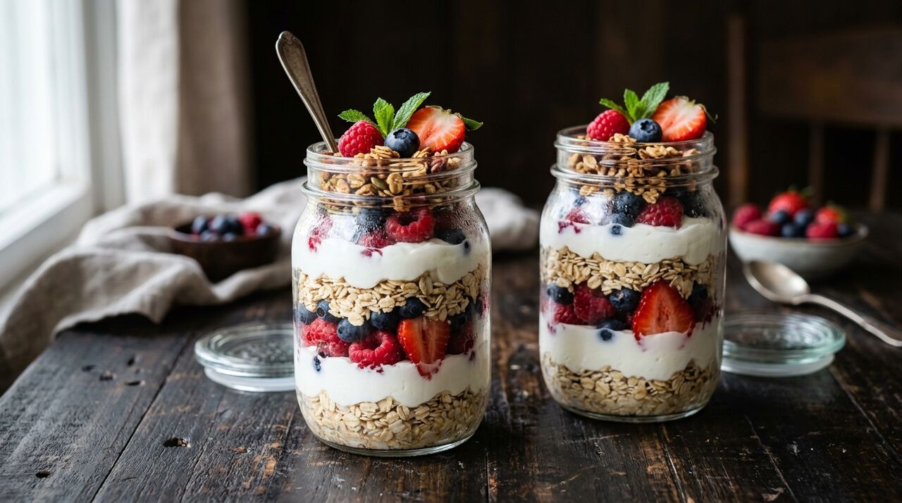 Parfait de yogur griego con frutas y granola